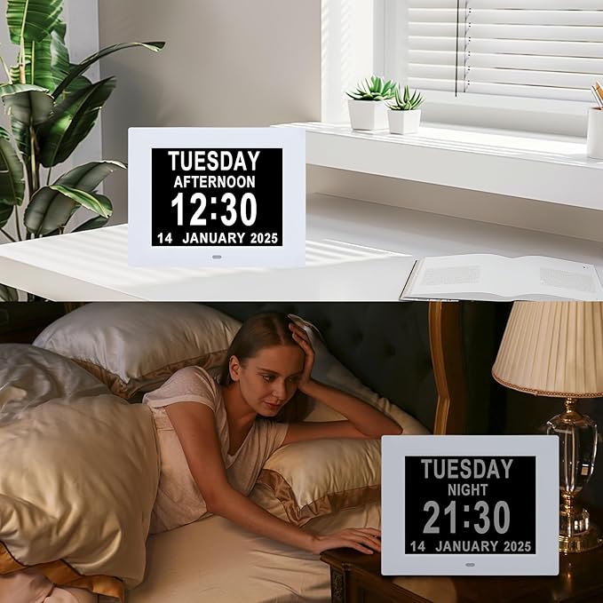 Digital Dementia Alarm Clock 8 inch Large Display, Electronic Calendar Clock with Day and Date for Elderly,3 Time Period Oversized Character Drug Reminders Clock for Dementia Elderly Patients