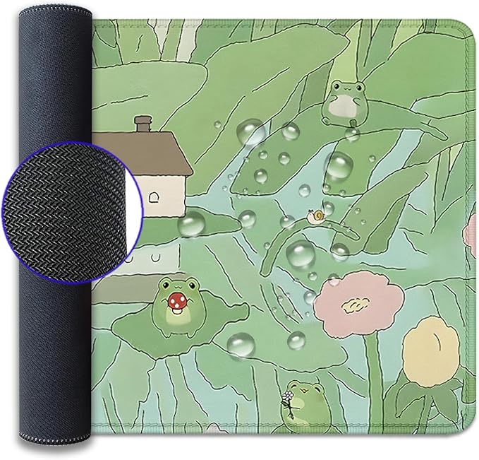 Cute Frog Desk Mat Mouse Pad,Cartoon Frog Desk Pad,Kawaii Green Desk Decor,Lotus Leaves and Flowers Desk Mat for Frog Desktop,Stitched Edges Non-Slip Rubber Base Mouse Mat for Office Home Work