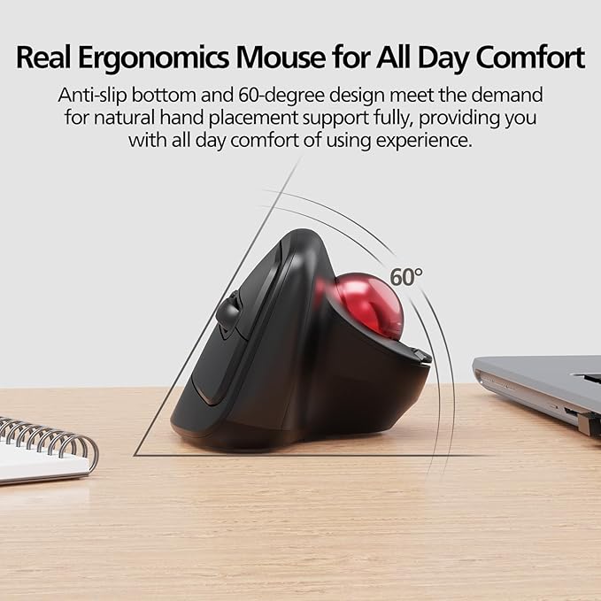 MicroPack Ergonomic Wireless Mouse with Trackball and 5 Adjustable DPI, Easy Thumb Control, Precise & Smooth Tracking. Update Bluetooth Medium-Sized Right Hand Mouse for Laptop, PC, Mac, Windows