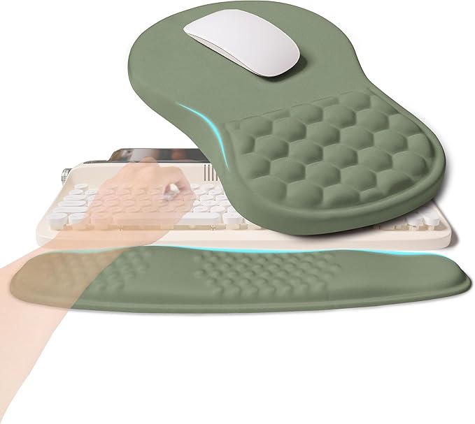 2-in-1 Ergonomic Set, Wave Rise Keyboard Wrist Rest and Massage Bulge Slope Mouse Pad Wrist Support, Cushion Memory Foam Integrated to Relieve Wrist Pain, Olive Green