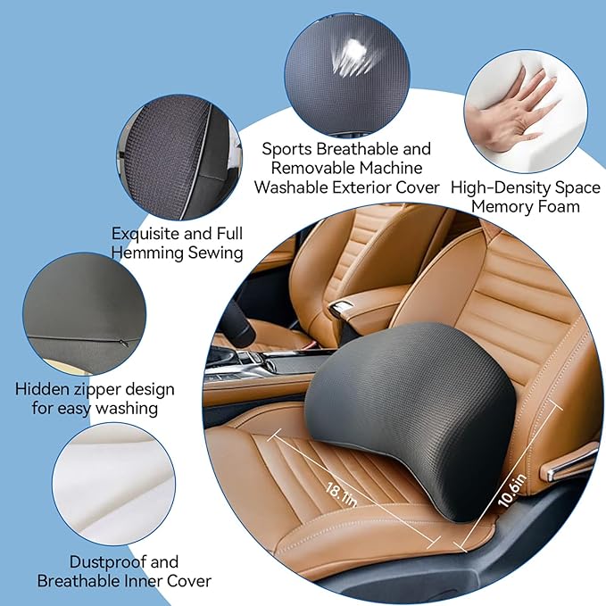 Lumbar Support Pillow for Car, 100% Memory Foam Lumbar Pillow with Breathable Removable Cover, Ergonomic Design - Back Pillow Lumbar Support Pillow for Car Seat/Back Pain Relief(Ice Silk Black, 1PC)