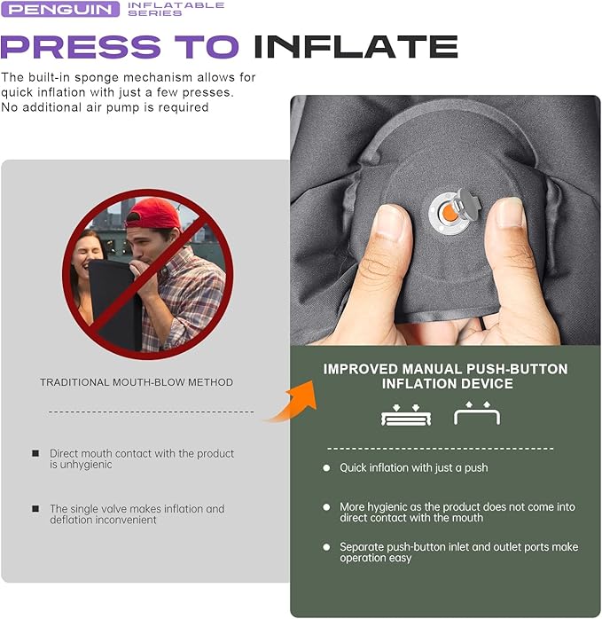 Press-to-Inflate Lumbar Support Pillow for Airplane, Car, Office Chair & Travel, Ergonomic Inflatable Back Cushion for Lower Back Pain Relief, Improve Posture & Portable Comfort, Easy to Carry - Blue