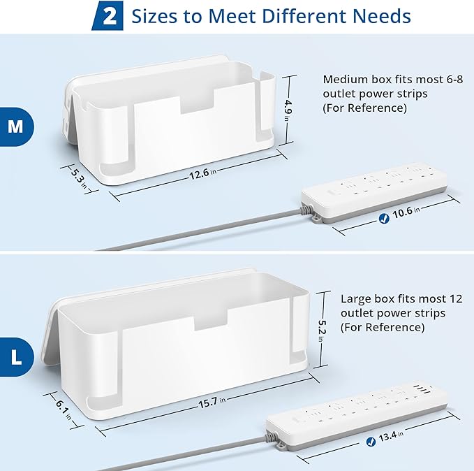 Cable Management Box White, 2Pack Cord Organizer Box - Extra Large and Medium Size, Cord Hider Box to Conceal Power Strips on Desk or Floor, Made from Electrically Safe ABS Material