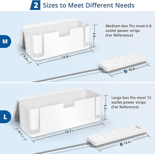 Cable Management Box White, 2Pack Cord Organizer Box - Extra Large and Medium Size, Cord Hider Box to Conceal Power Strips on Desk or Floor, Made from Electrically Safe ABS Material