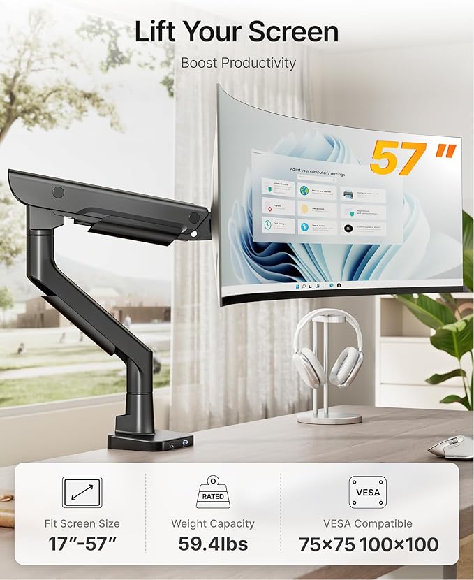 monTEK Sleek Aluminum Monitor Arm for 17–57” Ultrawide Screens up to 59 lbs, USB 3.0 A/C, Heavy Duty Single Monitor Arm Desk Mount, Pneumatic Lift, Quick-Release Plate, Clamp/Grommet, VESA 100x100