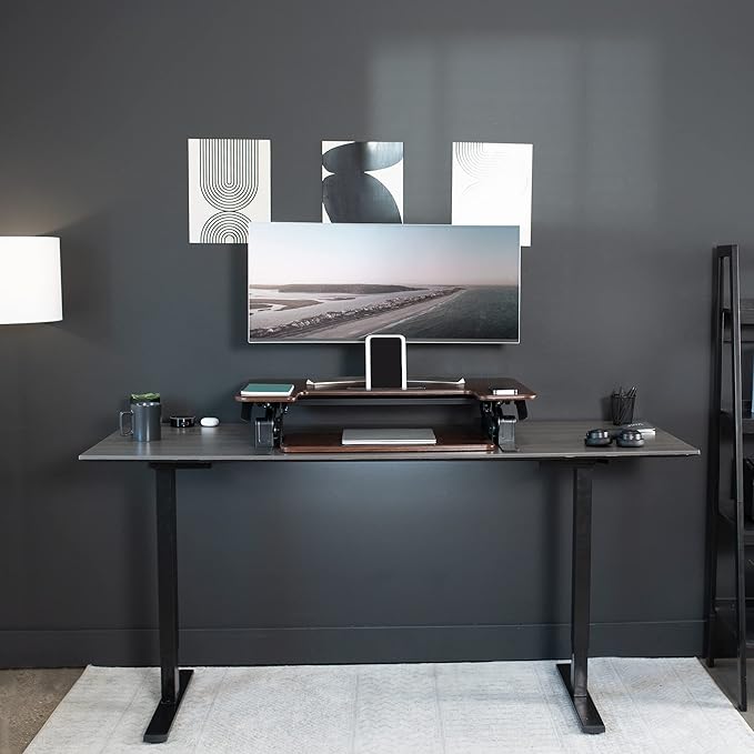 VIVO 42 inch Height Adjustable Stand Up Desk Converter, V Series, Quick Sit to Stand Tabletop Dual Monitor Riser Workstation, Dark Walnut Top, Black Frame, DESK-V000VLD