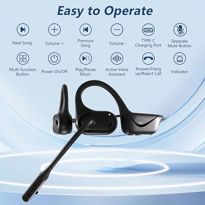 BANIGIPA Bluetooth 5.4 Headset with Microphone, Open Ear Headphones w/Mic, Wireless Earphones Noise Cancelling for HD Calling, Mute Button, Light & Comfortable Headset for Working Office Meeting-15H