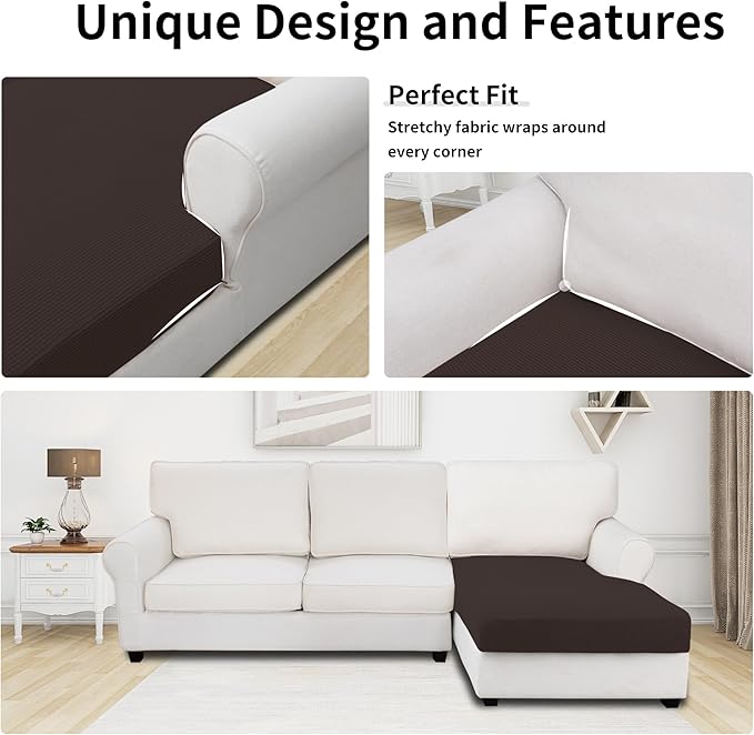 Easy-Going Stretch Sectional Couch Covers 1 Piece Chaise Lounge Slipcover L Shape Separate Cushion Couch Seat Chaise Cover for Both Left/Right Sectional Couch Chocolate