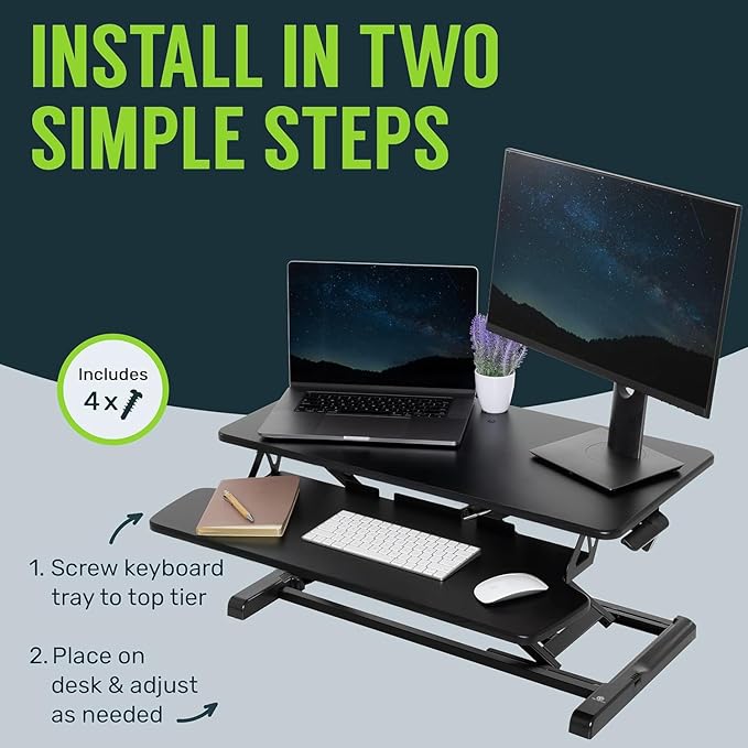 TechOrbits Standing Desk Converter - 42 Inch Adjustable Sit to Stand Up Desk Workstation, MDF Wood, Ergonomic Desk Riser with Keyboard Tray, Desktop Riser for Home Office Computer Laptop, Black 42"