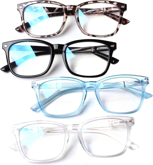 Henotin 4-Pack Blue Light Blocking Reading Glasses Women Men,Spring Hinge Computer Readers,Anti UV Ray Square Nerd Eyeglasses (4 pack Mix Color, 1.25, Diopters)
