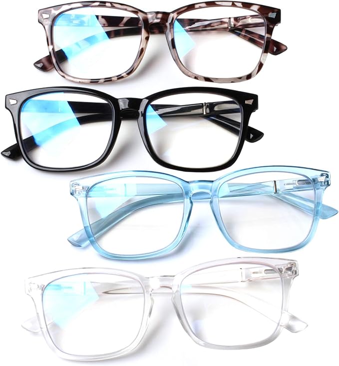 Henotin 4-Pack Blue Light Blocking Reading Glasses Women Men,Spring Hinge Computer Readers,Anti UV Ray Square Nerd Eyeglasses (4 pack Mix Color, 3.00)