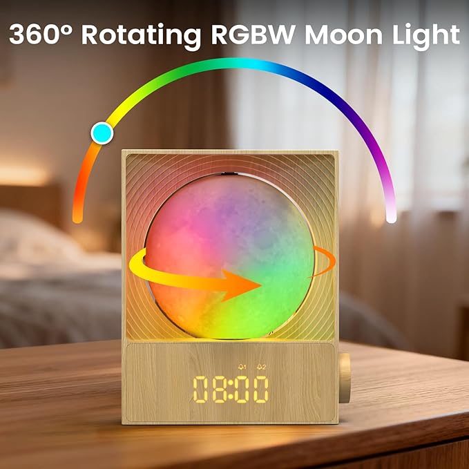 Sunrise Alarm Clock, 360-Degree Rotating Moon Lamp & 10 White Noise Sounds, Dual Alarm & Snooze for Heavy Sleeper, Timer, Wooden Bedroom Light Gift - Wood