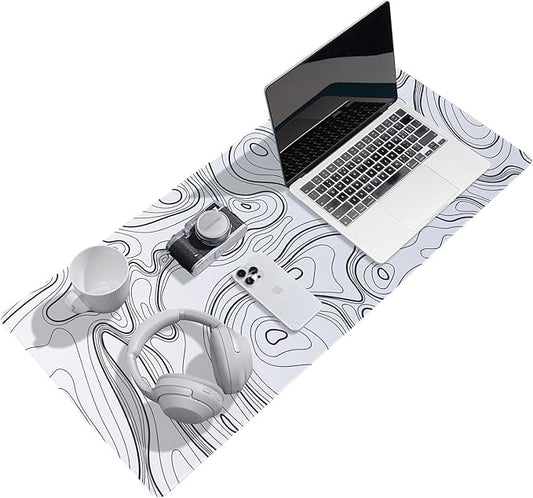 Waterproof Large Gaming Mouse Pad with Durable Stitched Edges, Non-Slip Rubber Base, Smooth Surface Mouse Mat Desk Pad for Home Office Gaming, 31.5"x11.8"x0.12", White Topographic Map
