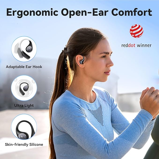 EarFun OpenJump Open Ear Headphones, Wireless Earbuds with Ergonomic Earhook, Hi-Res Sound, LDAC, 4 Mics ENC Call, 42H Playtime, Multipoint Connection, IPX7 Waterproof, Snug Fit for Workout, Running