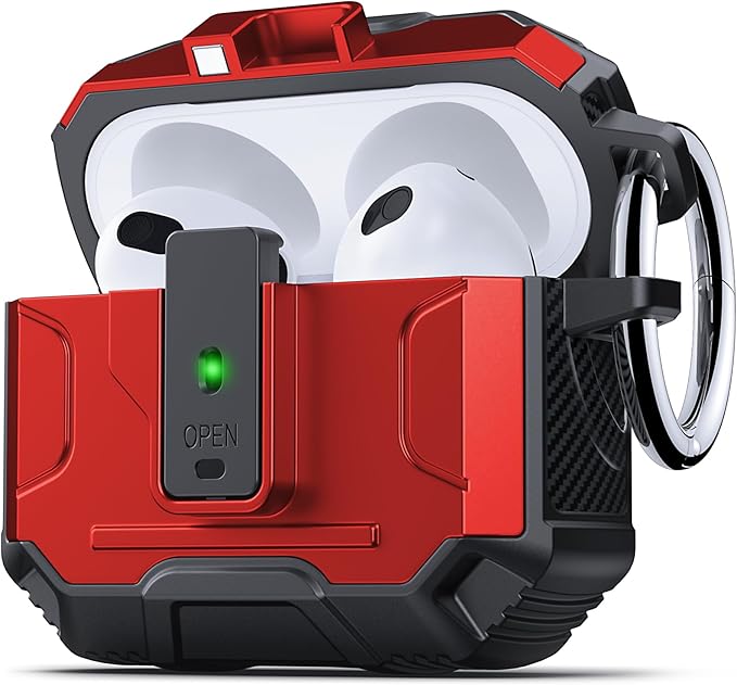 DASFOND Armor Cover Airpods 3 Generation Case, Military Grade Full Body Shockproof Protection Hard Case, Support Wireless Charging with Keychain, Magnetic Lid, Front LED Visible, Red