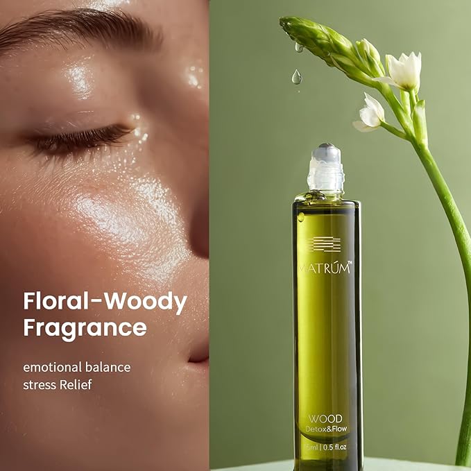 MATRUM Stress Relief and Flow Essential Oil Blend Roller | Wood Element | Geranium, Pinus Sylvestris Leaf, Bulgaria Lavender, Santalum Album Oil, Polianthes Tuberosa Extract, Ylang-ylang Oil