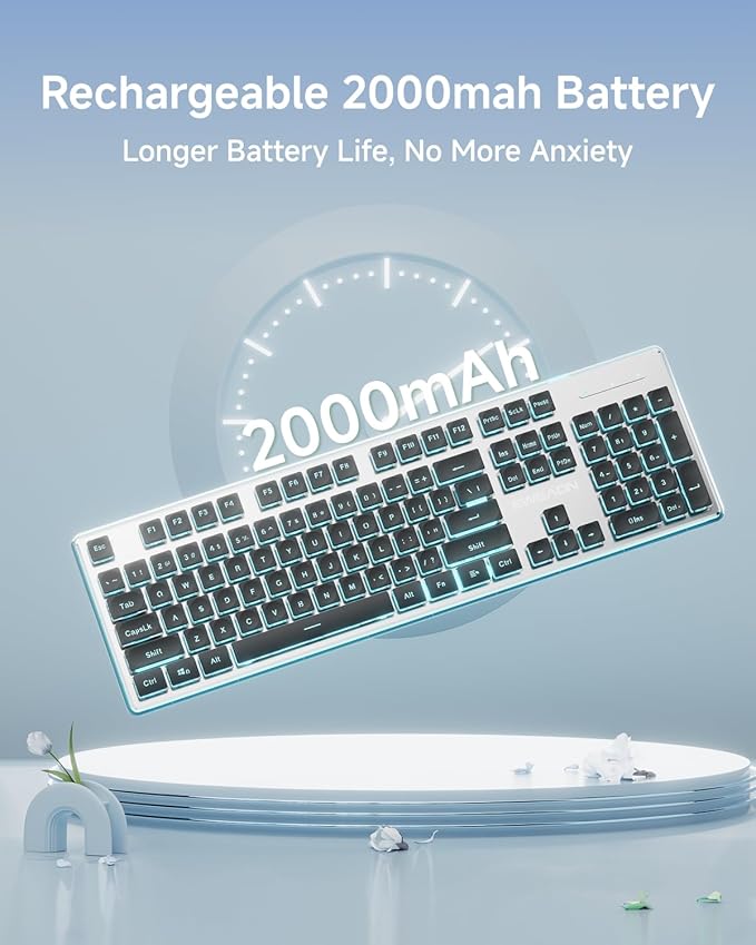 EWEADN V3 Wireless Keyboard and Mouse with Blue Backlit, Metal Panel, Bluetooth/2.4G Rechargeable Computer Keyboard and Mouse Combo Silent Lighted Full Size Cordless Keyboards-Black