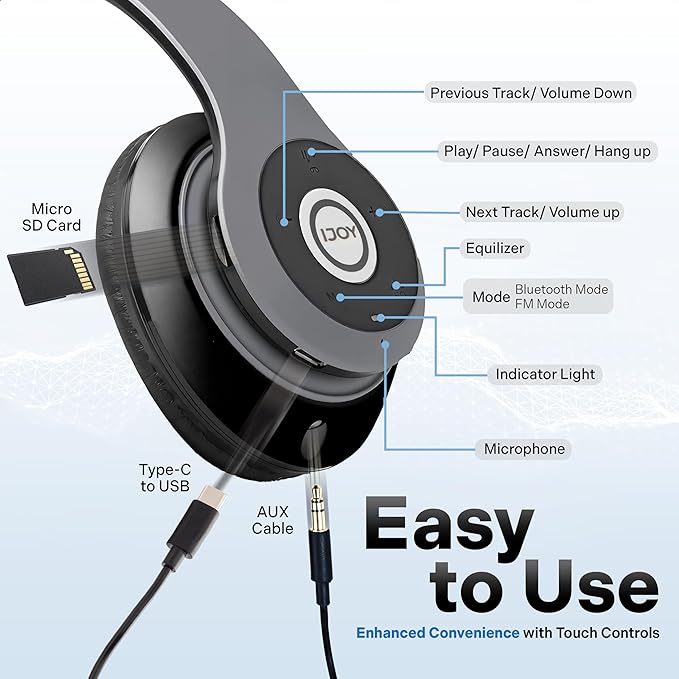 iJoy Bluetooth Headphones Over Ear, Wireless and Wired Foldable Headset Built-in Microphone, FM, Micro SD Card Slot - (Orange) Adults Kids Men Women