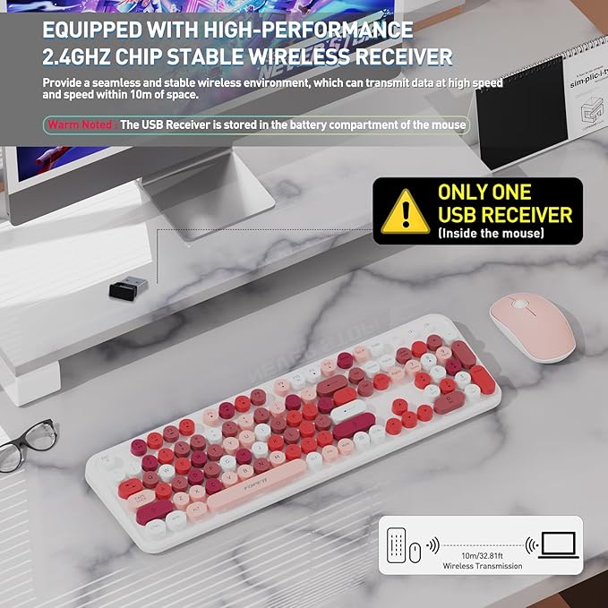 FOPETT 2.4GHz Wireless Keyboard and Mouse Set with Switch Button - Full-Size Keyboard - Compatible for Windows/Laptop/PC/Notebook/Smart TV and More - White Colorful