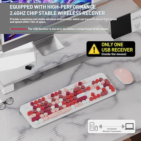 FOPETT 2.4GHz Wireless Keyboard and Mouse Set with Switch Button - Full-Size Keyboard - Compatible for Windows/Laptop/PC/Notebook/Smart TV and More - White Colorful