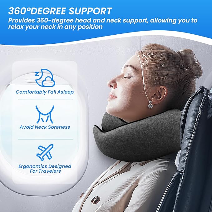 Badink® Memory Foam Neck Travel Pillow, Neck Pillow Airplane with MagicStrap – Adjustable Ergonomic Travel Pillow for Office/Airplane/Car, Washable Cover, Portable Cervical Support （Darkgrey）