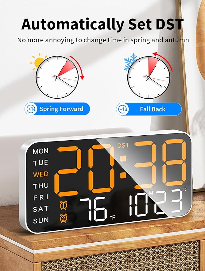 MASHI 8.4''Large Digital Wall Clock, Led Alarm Clock with Big Digits, Date, Temperature, DST, Modern Decor Design for Desk,5-Level Brightness for Room, Bedroom, Gift, Yougster and Elderly