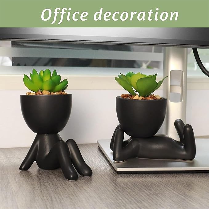 Zerzsy 3 PCS Cute Artificial Succulent Plants with Creative Human Shaped Pots, Mini Potted Plants, Faux Succulent Desk Decor for Home Office Shelf Decor (Matte Black)