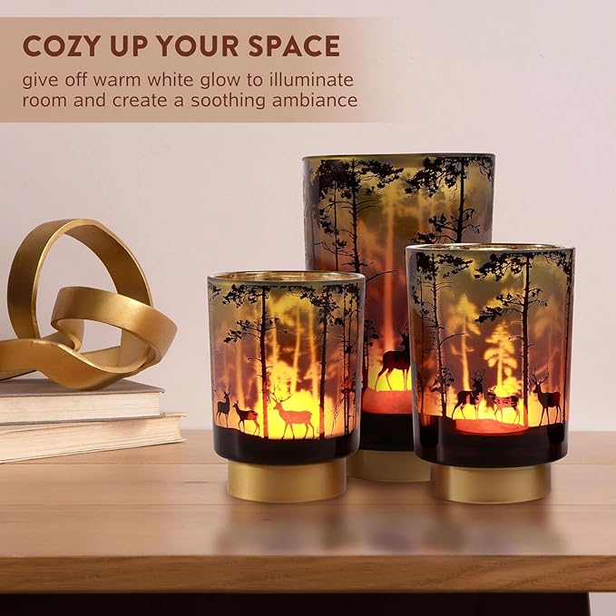 Eywamage Small Battery Operated Table Lamp with Remote, Forest Deer Cordless Glass Lamp for Bedroom Living Room Kitchen Entryway