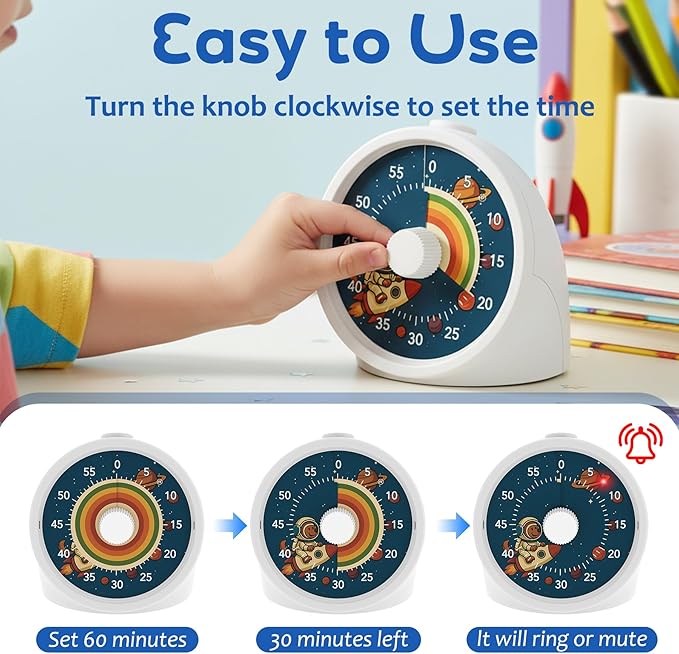 BellMan Visual Timer with Pause Button, 60 Minute Countdown Rainbow Timer for Kids and Adults with Silent Operation, Study and Meetings Time Management Tool, Design for Home, Office and Gift, Rocket