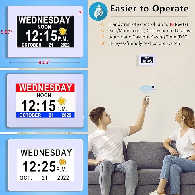 MASSII 【2025 New】 19 Alarms Digital Clock with Loud Voice Talking Time, Auto DST, 20 Custom Reminders, 10-Level Dimmer, Sleep Trainer, Day Date Calendar Clock for Seniors Dementia- 7 Inch with Remote