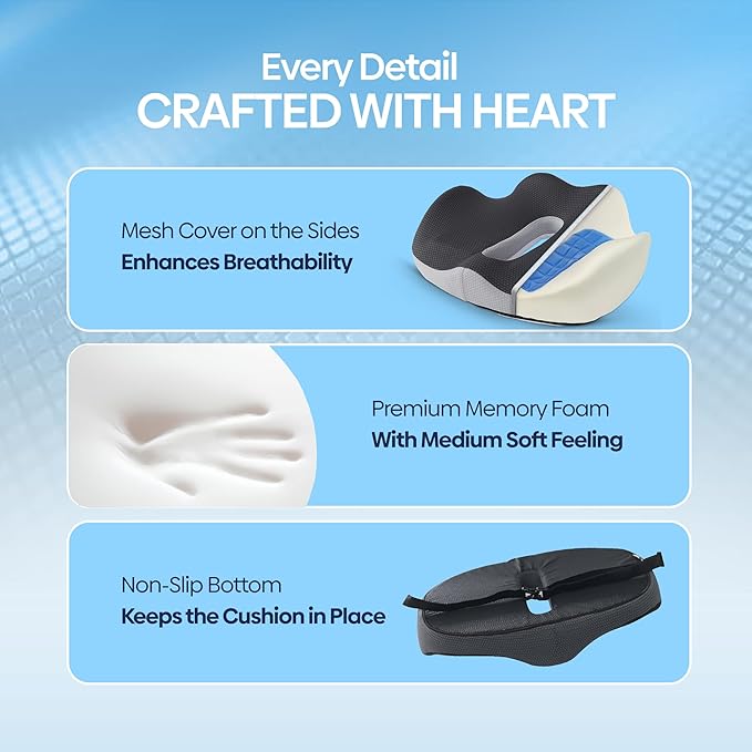 Orthopedic Gel Memory Foam Seat Cushion – Ergonomic Design for Tailbone & Sciatica Pain Relief, Coccyx, and Pressure Relief for Office Chair, Car, and Wheelchair (Black/Deep Gray, X Large)