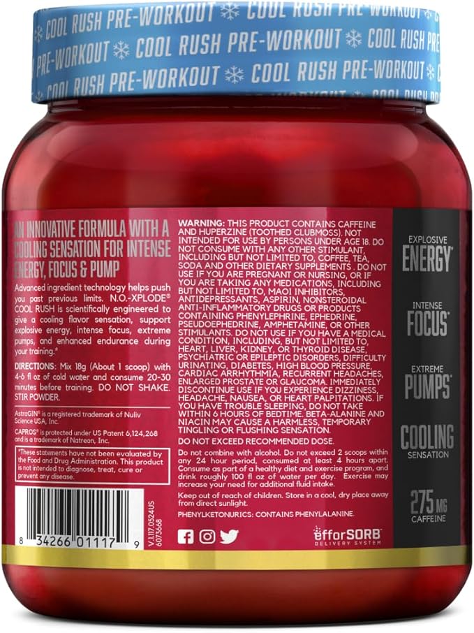 BSN N.O.-XPLODE Cool Rush Pre Workout Powder, Preworkout Energy Supplement for Men and Women with Creatine and Beta-Alanine, New Flavor: Mango Citrus Smash, 30 Servings