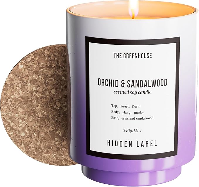 Hidden Label Orchid & Sandalwood Soy Candle, 12oz/75-Hour Burn Time, 100% Natural Candles Non Toxic, Aromatherapy Candle for Stress Relief, Meditation, Yoga & Relaxation