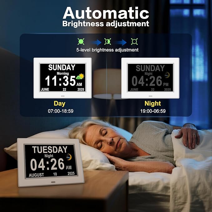 Digital Alarm Clock for Elderly Large Display for Seniors Electric Clocks with Date Day of Week 12 Alarms 4 Colors Desk Wall Calendar Clocks for Memory Loss Alzheimers Dementia Auto DST/Dimmer