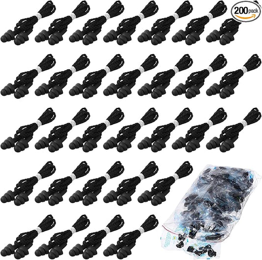 Tondiamo 200 Pairs Ear Plugs Reusable Silicone Earplugs with Cord Sleeping Individually Wrapped Hearing Protection Noise Cancelling Earplugs for Work Construction Shooting Sports (Black)