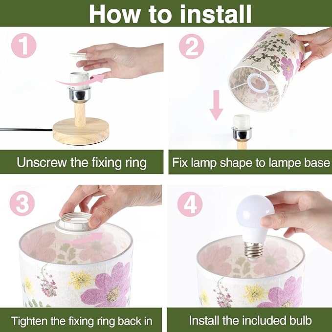 Dried Flowers Table Lamp 9W LED Dimmable Warm Light Pressed Flower Bedside Lamp Linen Shade with Wood Base for Bedroom Living Room Desk Office