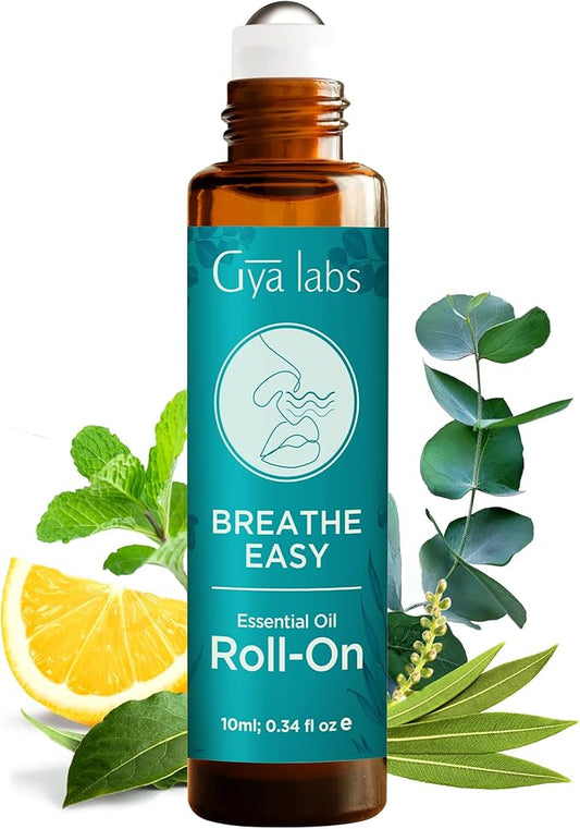 Gya Labs Breathe Essential Oil Roll on - 100% Pure Natural Cooling Peppermint, Eucalyptus & Tea Tree Blend, Aromatherapy Oil Roller, Travel Size (0.34 Fl Oz)