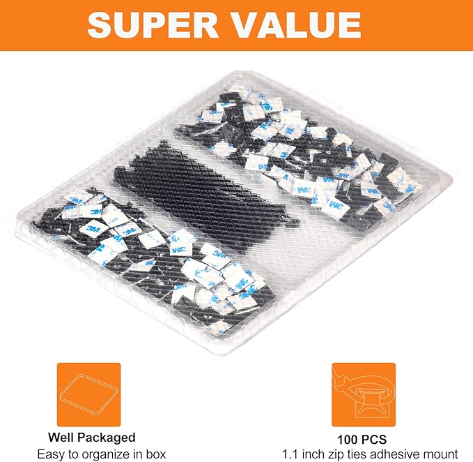 100 Pack 1.1 inch Zip Tie Adhesive Mounts Self Adhesive Cable Tie Base Holders with Multi-Purpose Tie wire clips with screw hole,Anchor stick on wire holder with 8 inch zip ties（Black&White）