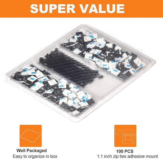 100 Pack 1.1 inch Zip Tie Adhesive Mounts Self Adhesive Cable Tie Base Holders with Multi-Purpose Tie wire clips with screw hole,Anchor stick on wire holder with 8 inch zip ties（Black）