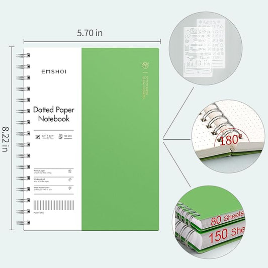 EMSHOI Spiral Dotted Notebook, Dot Grid Journal, 5.7"x8.22" A5 Size, 300 Pages/150 Sheets 100gsm Thick Paper, Waterproof Hardcover for Office, School, Work, Writing, Bullet Journaling (Green)