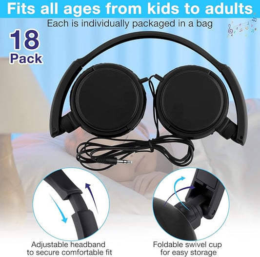 Yunsailing 18 Pack Classroom Headphones Bulk Student Wired Class Headphones Set for Kids School with Individually Wrapped Adjustable Over Ear Head Earbuds(Black)