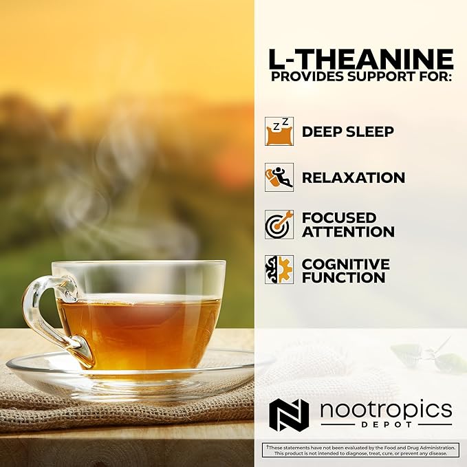 Nootropics Depot L-Theanine Capsules 200mg (90 Count) | Promotes Relaxation | Supports Healthy Stress Levels + Sleep Cycles | Promotes Cognitive Function + Focus | Amino Acid Supplement