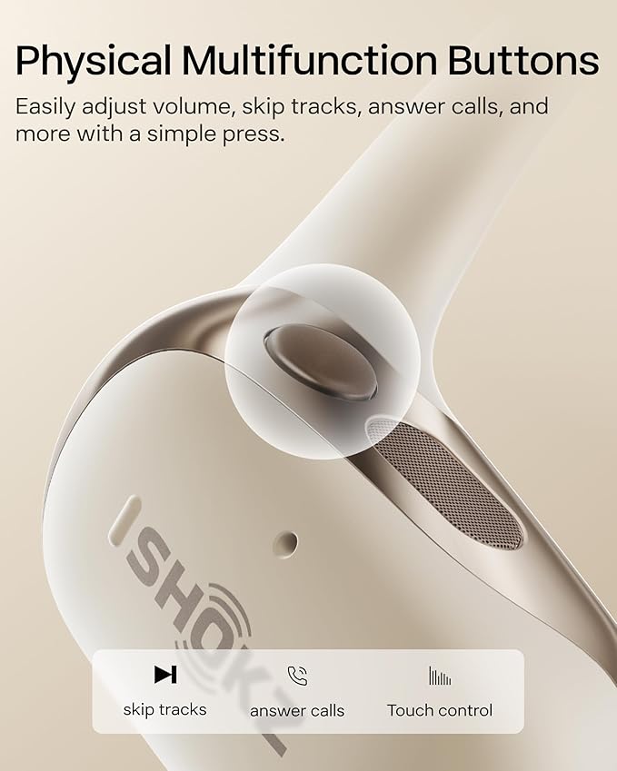 SHOKZ New OpenFit 2 Open-Ear Headphones, True Wireless Bluetooth Earphones with Microphone, Earhook Earbuds with 48 Hours of Playtime, Fast Charging, IP55 Water-Resistant, with Carrying Bag, Beige