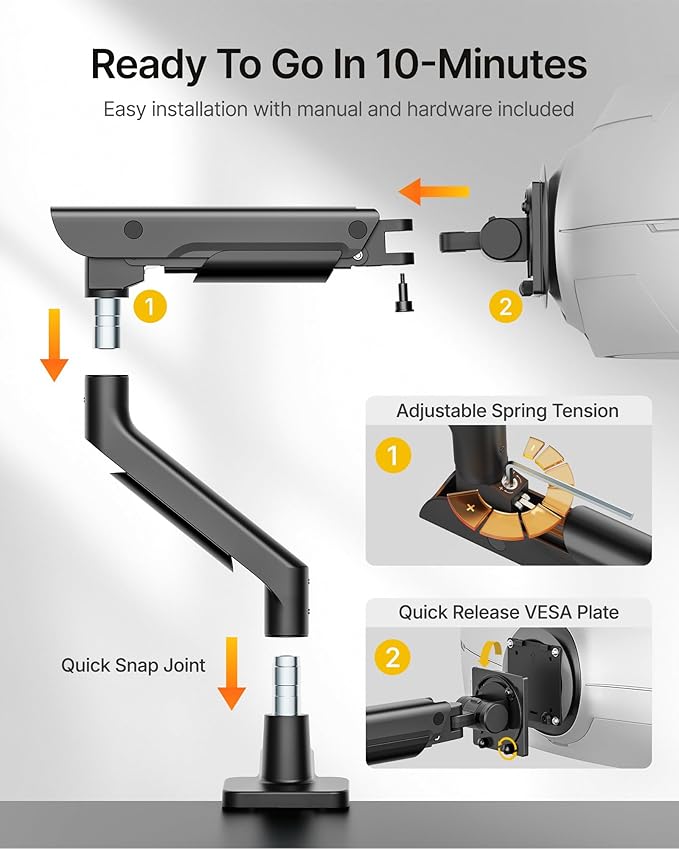 monTEK Sleek Aluminum Monitor Arm for 17–57” Ultrawide Screens up to 59 lbs, Heavy Duty Single Monitor Arm Desk Mount, Pneumatic Lift, Quick-Release Plate, Clamp/Grommet, Max VESA 100x100