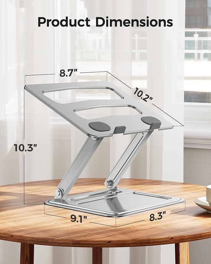 LORYERGO Laptop Stand for Desk, Adjustable & Foldable Laptop Riser for 10-15.6 Inch Laptops, Computer Stand for MacBook/Notebook, Portable Ergonomic Holder Up to 17.6lbs - Silver
