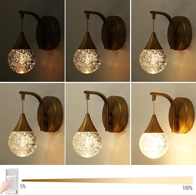 LED Wall Sconces Dimmable, Modern Crystal Wall Sconce Indoor, Bubble Wall Light for Bedroom Bathroom Living Room Dining Room Hallway, Brass