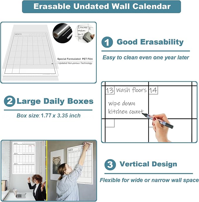 Large 3 Month Dry Erase Calendar For Wall,36x24 Inch Jumbo Undated Three Month Whiteboard Calendar For Medium Office,Giant Reusable Laminated 90 Days Vertical Wall Planner Poster For Home,School