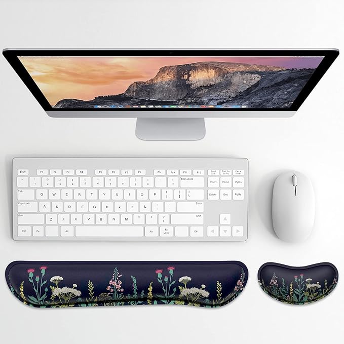 Dapesuom Enlarge Keyboard Wrist Rest, Memory Foam Wrist Cushion for Desk Mat Support, Cute Pain Relief Keyboard Mouse Pad Rests Set with Non-Slip Base for Gaming Laptop Office Computer, Elegant Flower