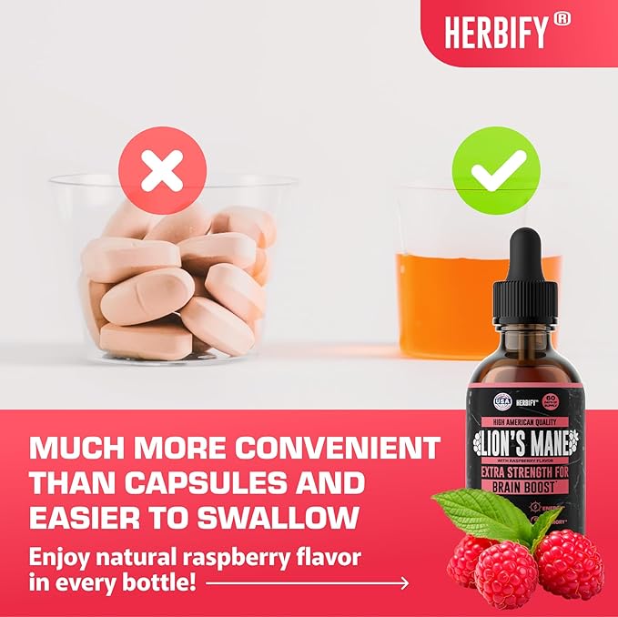 HERBIFY Lions Mane Supplement - Daily Mushroom Supplement for Memory, Focus & Clarity - Brain Booster - Lions Mane Tincture for Natural Immune Support - 4 Fl Oz Raspberry Flavor