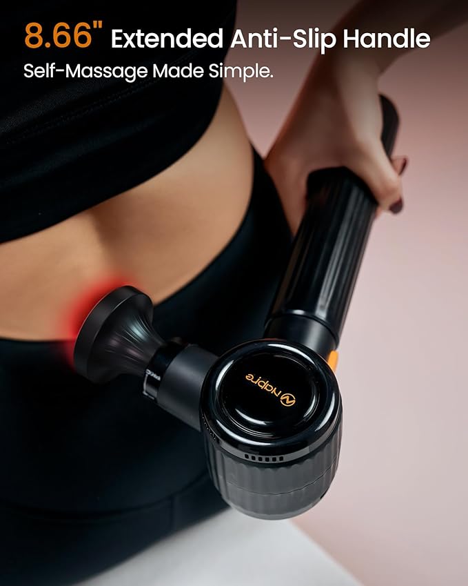 Massage Gun with Heat,Massage Gun Deep Tissue with Extension Handle & 3 Adjustable Angles,Handheld Percussion Back Massager for Muscle/Neck/Body Pain Relief with Portable Case,Black